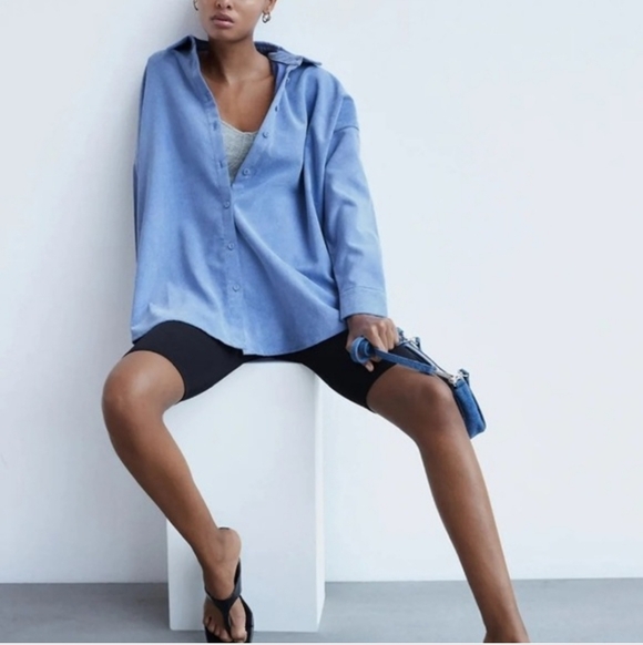 Zara Oversized Corduroy Light Blue Casual Button Up Shirt Size Medium - Picture 9 of 13